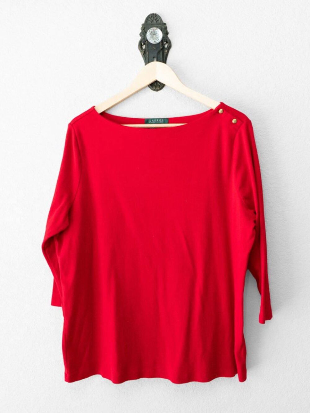 Lauren Ralph Lauren Top Womens 2X Red Boat Neck Gold Button 3/4 Sleeve Cotton